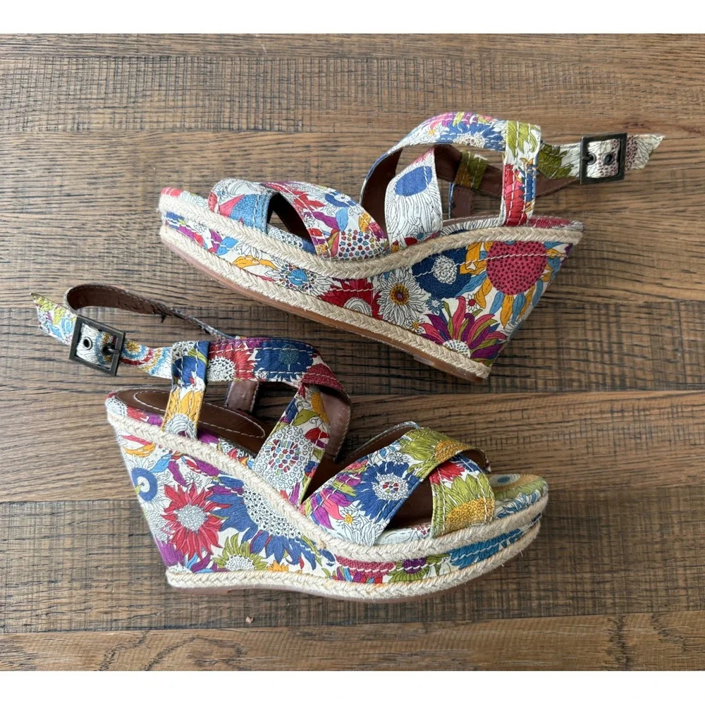 Hush Puppies Renown Floral Leather Espadrille Wedge Sandals Multicolor Size 8.5M